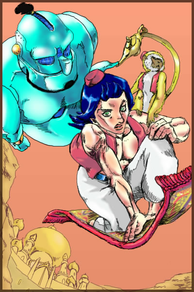1boy abu_(aladdin) aladdin_(character)_(cosplay) aladdin_(disney) aladdin_(movie) animal ape araki_hirohiko_(style) city cosplay crossover disney fez_hat flying genie genie_(aladdin) jojo_no_kimyou_na_bouken lamp magic_carpet male_focus monkey oil_lamp open_clothes open_vest parody red_vest solo stand_(jojo) style_parody vest