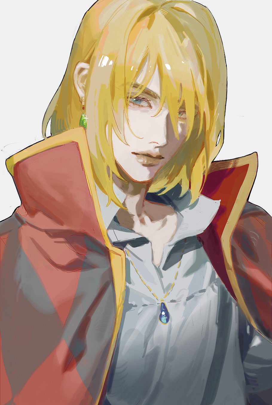 1boy blonde_hair blue_eyes blue_gemstone bob_cut closed_mouth collared_shirt earrings gem hair_between_eyes highres hong_3740 howl_pendragon howl_no_ugoku_shiro jacket jacket_on_shoulders jewelry looking_at_viewer male_focus medium_hair necktie pale_skin shirt solo upper_body white_background white_shirt