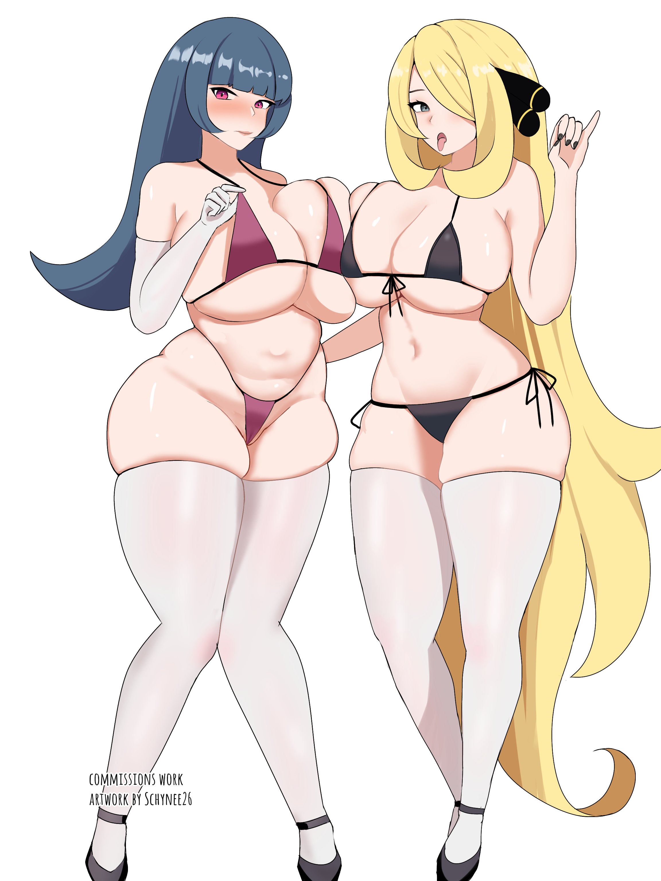 2girls absurdres bikini black_bikini black_nails blonde_hair blue_hair blunt_bangs breast_press breasts commission creatures_(company) cynthia_(pokemon) elbow_gloves fellatio_gesture game_freak gloves grey_eyes hair_ornament hair_over_one_eye high_heels highleg highleg_bikini highres huge_breasts large_breasts lips long_hair mature_female multiple_girls navel nintendo one_eye_covered open_mouth pink_bikini pink_eyes plump pokemon pokemon_dppt pokemon_hgss sabrina_(pokemon) schynee26 side-tie_bikini_bottom skindentation standing swimsuit symmetrical_docking thick_thighs thighhighs thighs tongue tongue_out white_background white_gloves white_thighhighs wide_hips