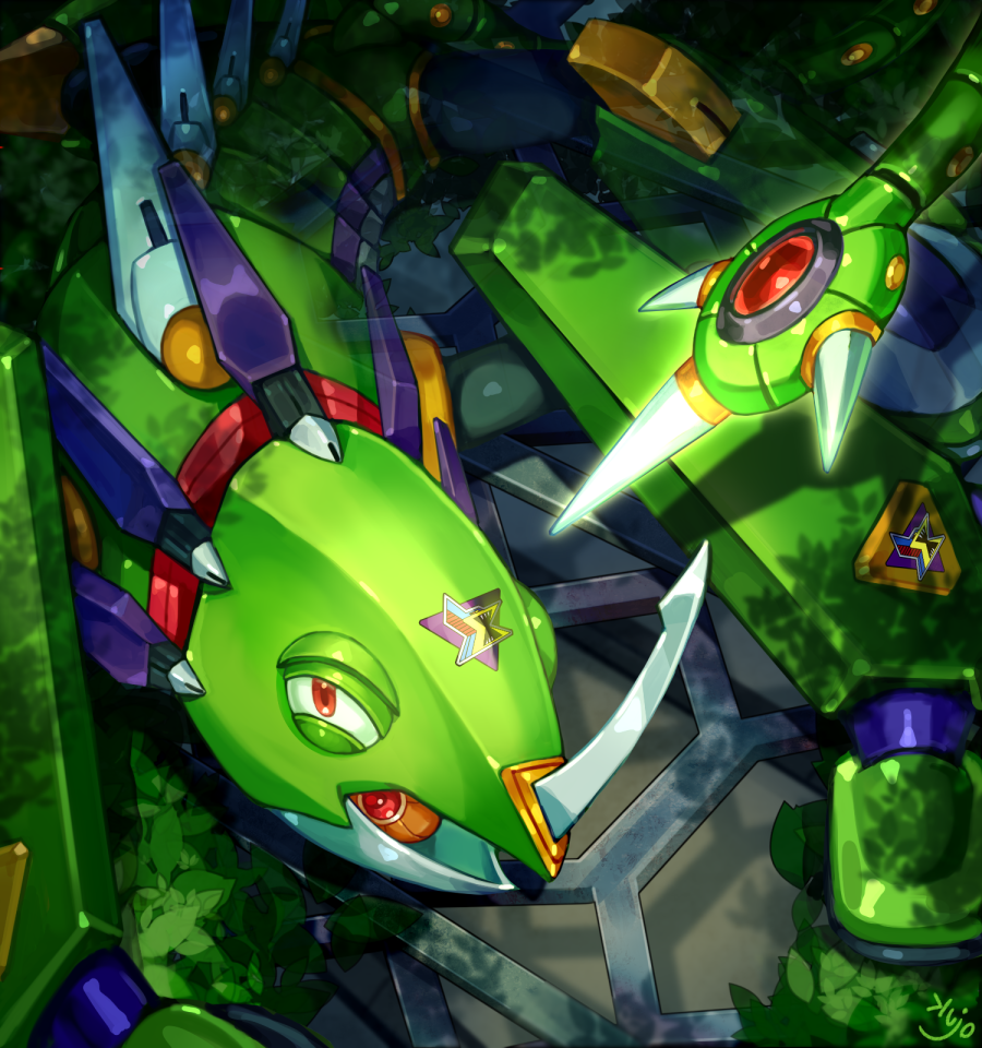 1other commentary_request commission creature creature_focus dappled_sunlight looking_at_viewer mega_man_(series) mega_man_x1 mega_man_x_(series) no_humans nose_horn open_mouth red_eyes robot shinku_castle skeb_commission solo spiked_tail spikes sting_chameleon_(mega_man) sunlight tail
