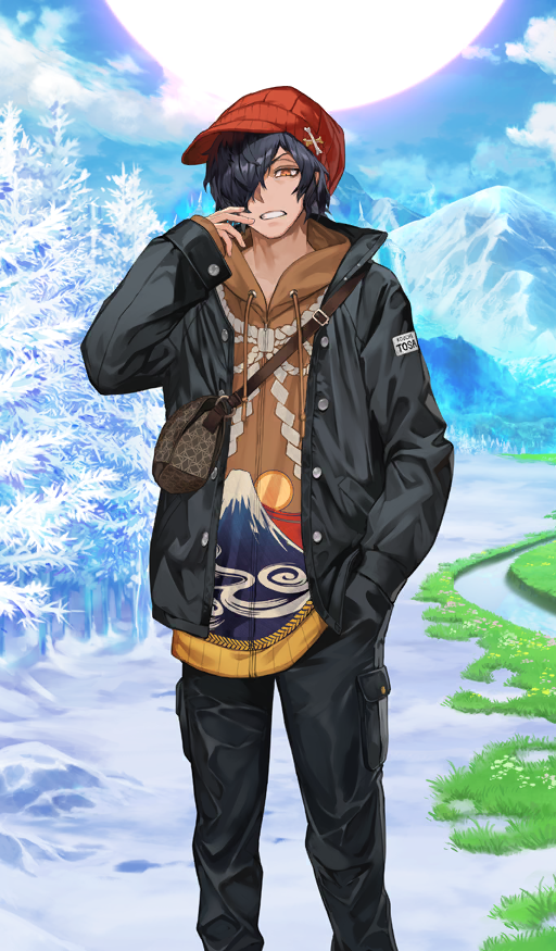 1boy black_coat black_hair black_pants blue_sky bone brown_jacket buttons cloud coat commentary day drawstring fate/grand_order fate_(series) feet_out_of_frame flat_cap gotterdammerung_(fate/grand_order) grass hair_over_one_eye hand_in_pocket hand_up hat hood hood_down hooded_jacket jacket knit_hat lack long_sleeves male_focus mountain nature official_alternate_costume official_art okada_izou_(fate) one_eye_covered open_clothes open_coat orange_eyes outdoors pants parted_lips print_jacket red_hat short_hair sky snow solo standing sun sunlight teeth third-party_source tree v-shaped_eyebrows zipper