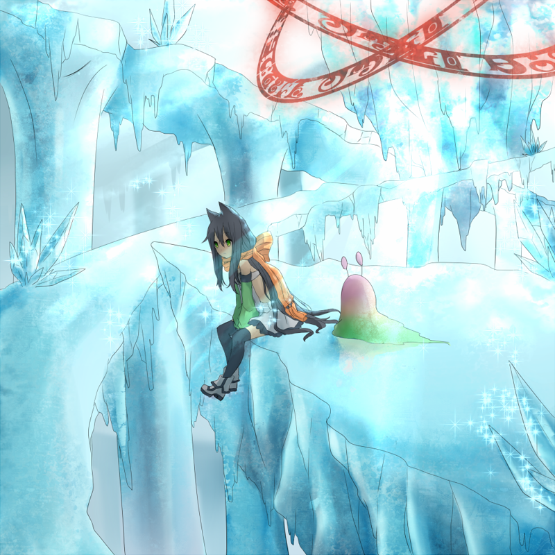 1girl alchemist_(ragnarok_online) alternate_color animal_ears black_hair black_thighhighs boots cat_ears cat_girl cave_interior closed_mouth commentary_request detached_sleeves dress expressionless full_body green_eyes green_sleeves ice_cave in-universe_location long_hair magic_circle meiko_(nattu303) orange_scarf ragnarok_online scarf short_dress sidelocks sitting slime_(creature) solo thighhighs vanilmirth_(ragnarok_online) very_long_hair white_boots white_dress