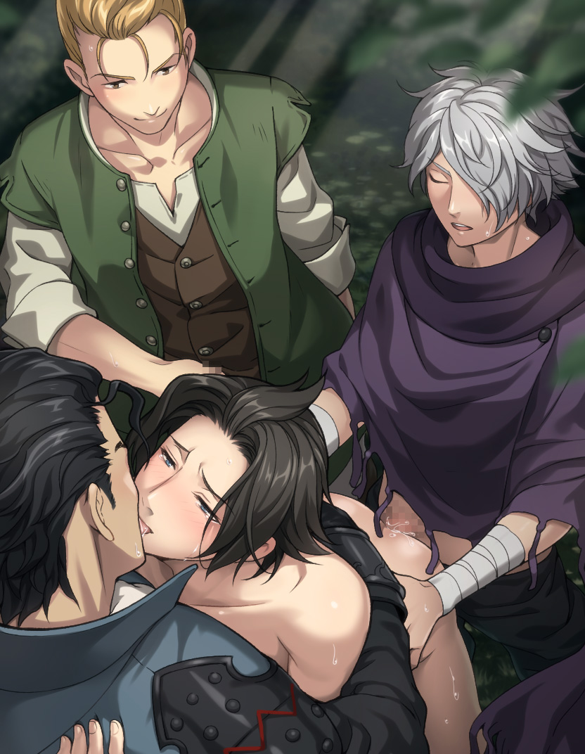 4boys alfyn_greengrass anal ass anal_fluid black_hair blonde_hair brown_hair cyrus_albright drooling group_sex kiss male_penetrated masturbation multiple_boys nude octopath_traveler octopath_traveler_i olberic_eisenberg orgy outdoors saliva sex silver_hair therion tongue yaoi