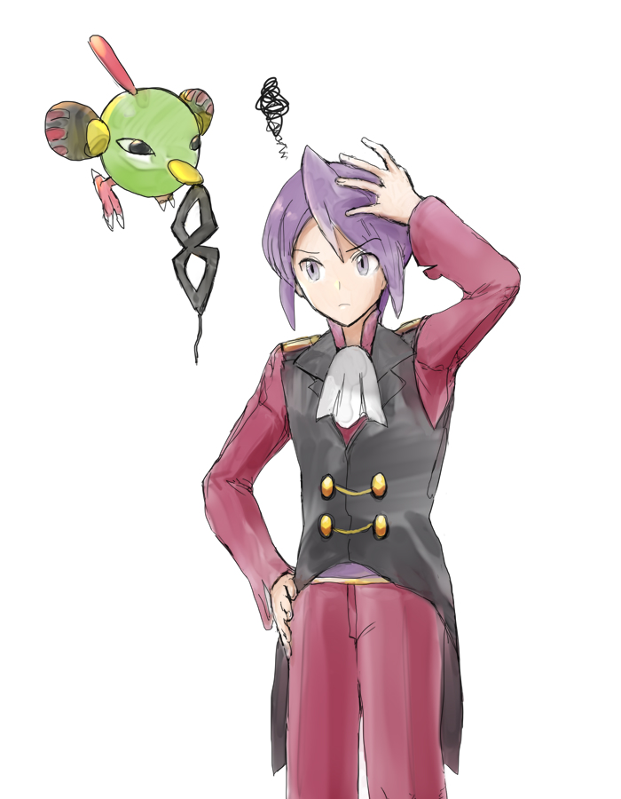 1boy arm_up ascot buttons byte_(grunty-hag1) closed_mouth commentary_request gen_2_pokemon grey_eyes hand_on_own_hip long_sleeves male_focus mask natu nintendo pants pokemon pokemon_(creature) pokemon_hgss purple_hair shirt simple_background squiggle tailcoat unworn_mask white_ascot white_background will_(pokemon)
