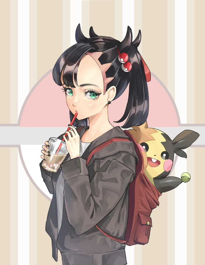 1girl alternate_costume asymmetrical_bangs backpack bag black_hair black_jacket black_nails bubble_tea casual commentary_request cup disposable_cup drinking drinking_straw drinking_straw_in_mouth ear_piercing gen_8_pokemon green_eyes hair_ribbon holding holding_cup jacket looking_at_viewer marnie_(pokemon) morpeko morpeko_(full) nakashima_(pluscolor) nintendo piercing poke_ball_hair_ornament pokemon pokemon_on_back pokemon_swsh ribbon shirt twintails undercut