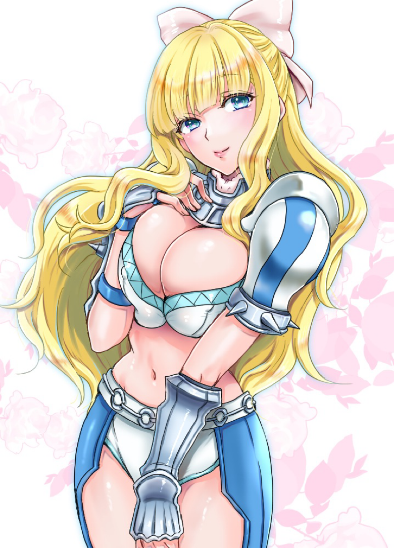 1girl armor blonde_hair blue_eyes blunt_bangs breasts charlotte_(fire_emblem) cleavage fire_emblem fire_emblem_fates looking_at_viewer made_in_2024 nintendo panties smile solo umehime underwear white_panties