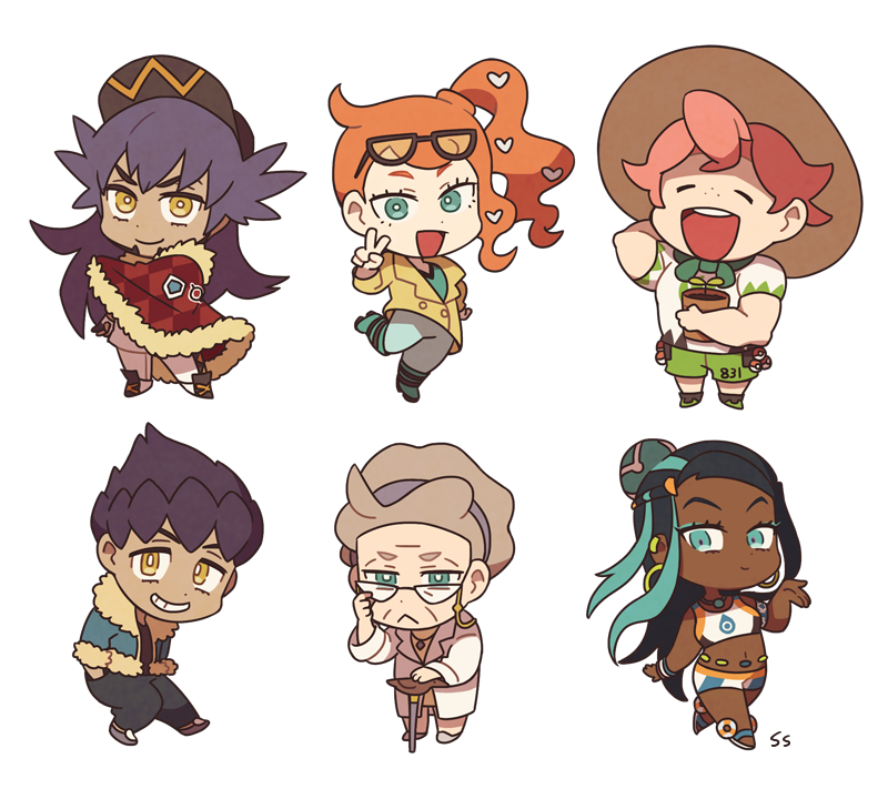 3boys 3girls adjusting_eyewear aqua_eyes armlet bikini blue_eyes blue_hair blue_jacket brown_hair cane cape chibi closed_eyes closed_mouth coat commentary dark-skinned_female dark-skinned_male dark_skin earrings eyewear_on_head facial_hair freckles fur-trimmed_jacket fur_trim game_freak glasses gym_leader hair_bun hairband hat heart hoop_earrings hop_(pokemon) jacket jewelry lab_coat leg_up leon_(pokemon) long_sleeves looking_at_viewer magnolia_(pokemon) milo_(pokemon) multicolored_hair multiple_boys multiple_girls muscular nessa_(pokemon) nintendo open_mouth orange_hair pink_hair plant poke_ball poke_ball_(basic) pokemon pokemon_swsh purple_hair purple_hairband side_ponytail simple_background single_hair_bun smile sonia_(pokemon) ssalbulre sunglasses swimsuit tankini trench_coat v white_background yellow_eyes