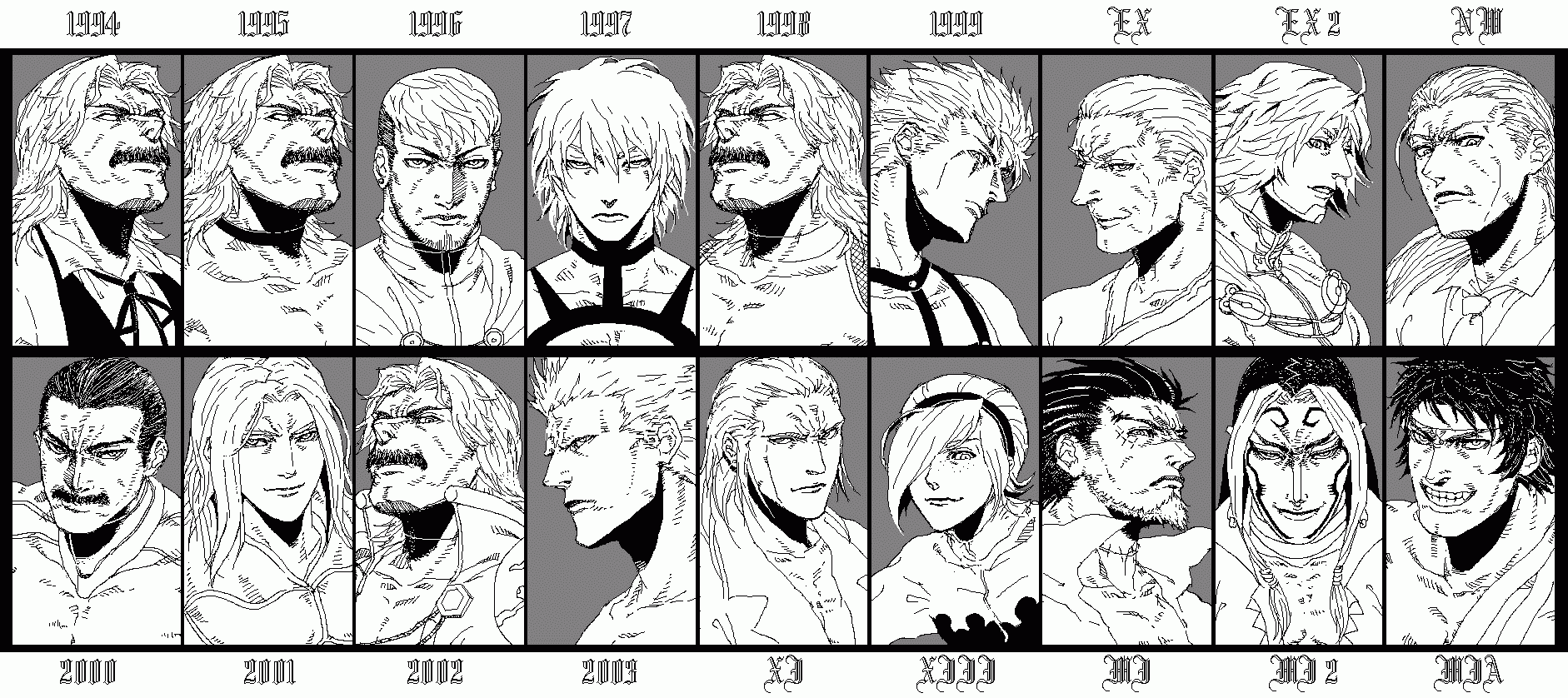 6+boys aged_down ash_crimson boss duke_(kof) geese_howard goenitz greyscale highres igniz_(kof) jivatma kof:_maximum_impact krizalid makoto_mizuguchi male_focus monochrome mukai_(kof) multiple_boys omega_rugal original_zero orochi rugal_bernstein snk the_king_of_fighters zero_(kof)
