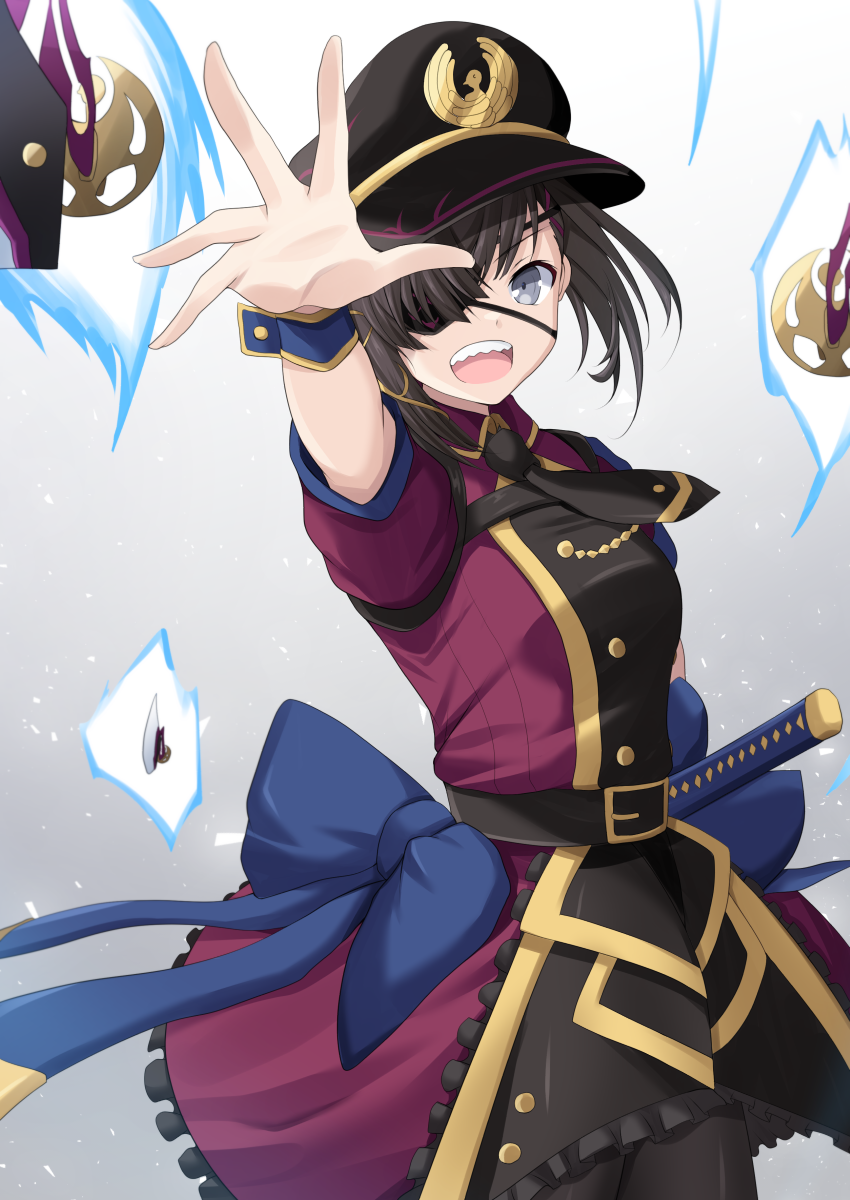 1girl arm_up black_hair black_hat blush breasts cross_(crossryou) dress eyepatch fate/grand_order fate_(series) grey_eyes hair_over_one_eye hat highres katana looking_at_viewer mysterious_ranmaru_x_(fate) open_mouth peaked_cap purple_dress sharp_teeth short_hair short_sleeves smile solo sword teeth weapon wrist_cuffs