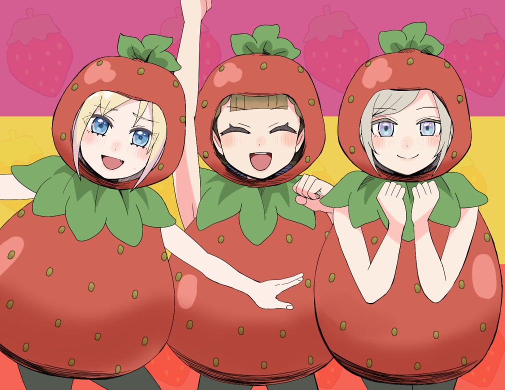 3girls ^_^ arm_up black_pantyhose blonde_hair blue_eyes brown_hair center-flap_bangs ceras_yanagida_lilienfeld closed_eyes coco_apollon commentary_request cowboy_shot food_costume grey_hair height_connection kachimachi_kosuzu link!_like!_love_live! love_live! multiple_girls orange_background osawa_rurino pantyhose pink_background raised_fist raised_inner_eyebrows sidelocks strawberry_costume virtual_youtuber yellow_background