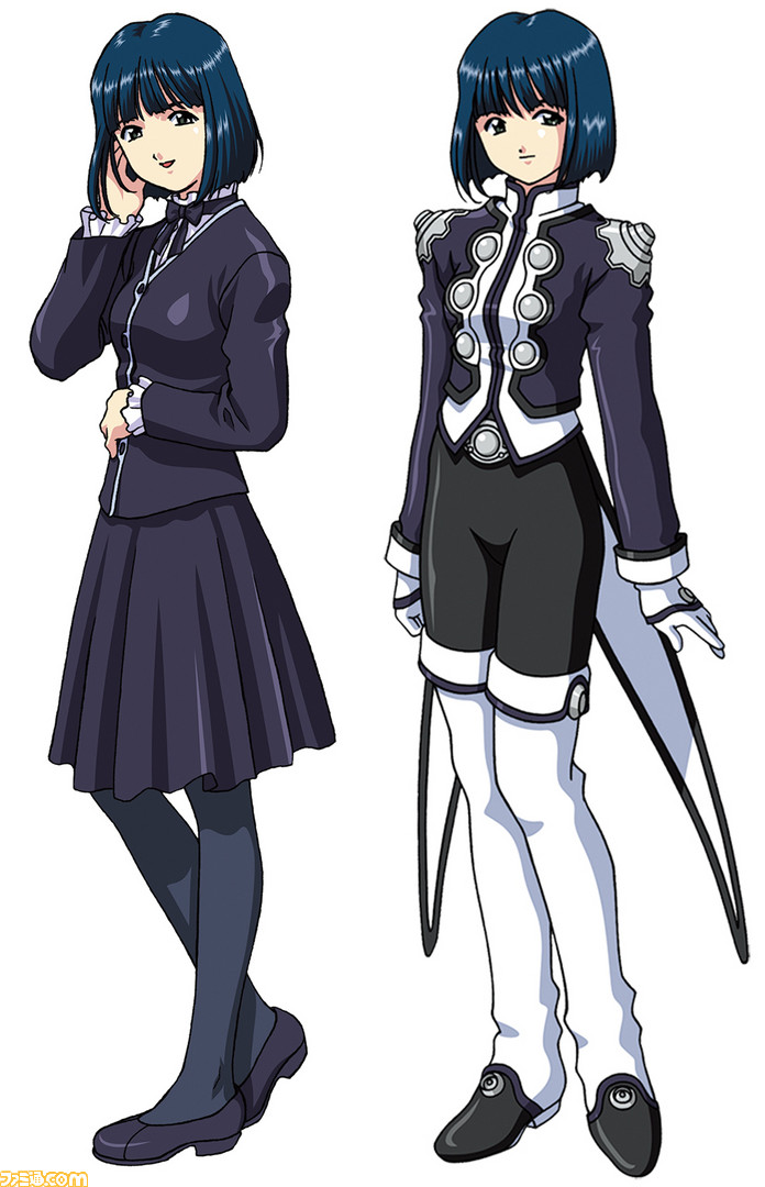 2girls arm_at_side artist_request belt belt_buckle black_footwear black_jacket black_pants black_pantyhose black_ribbon black_skirt black_sleeves black_theme blue_hair blunt_bangs blunt_ends bob_cut breasts buckle buttons cel_shading choker closed_mouth coattails collar collared_jacket collared_shirt dark_blue_hair double-breasted famitsu flats frilled_shirt frilled_shirt_collar frilled_sleeves frills gloves green_eyes hand_in_own_hair jacket kitaooji_hanabi knees_together_feet_apart looking_at_viewer looking_to_the_side medium_breasts medium_skirt military_uniform multiple_girls official_art open_mouth pants pantyhose ribbon ribbon_choker sakura_taisen sakura_taisen_iii second-party_source sega shirt simple_background skirt sleeve_cuffs standing straight_hair tachi-e undershirt watermark white_background white_collar white_gloves white_shirt white_sleeve_cuffs white_sleeves white_undershirt