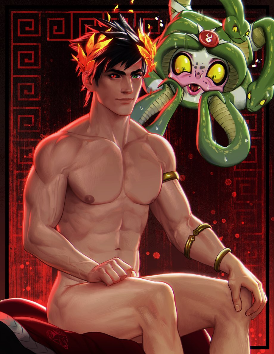 1boy abs armlet bara black_hair black_sclera closed_mouth colored_sclera crown dusa_(hades) fox_bravo green_eyes hades_(series) hades_1 heterochromia jewelry large_pectorals laurel_crown male_focus monster muscular muscular_male navel nipples nude pectorals red_eyes short_hair snake zagreus_(hades)