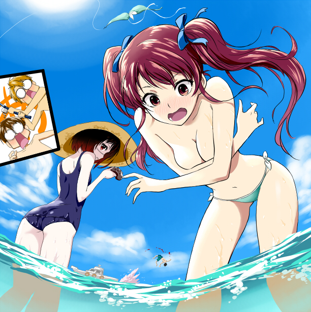 10s 2boys 2girls akazawa_izumi another assisted_exposure bikini blonde_hair blood blush boat bow breast_hold breasts brown_hair bungo cleavage cloud covering_breasts covering_privates day fishing_line fishing_rod hair_bow hat long_hair medium_breasts misaki_mei multiple_boys multiple_girls nakao_junta ocean one-piece_swimsuit open_mouth outdoors red_eyes sakakibara_kouichi school_swimsuit sea_cucumber side-tie_bikini_bottom sky small_breasts spoilers swimsuit teshigawara_naoya topless_female twintails wardrobe_malfunction water watercraft wet yamashita_bungo