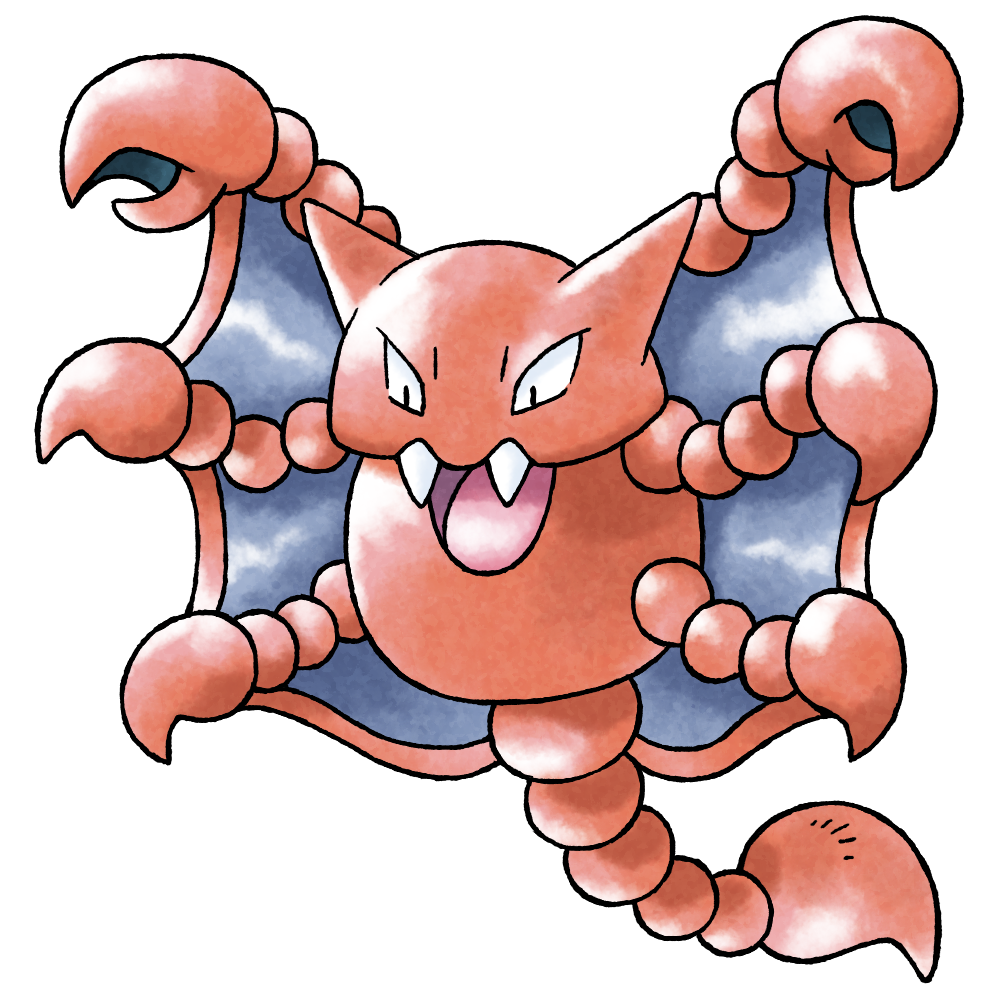 bat_(animal) black_eyes colored_skin derivative_work downturned_eyes extra_arms fangs full_body gen_2_pokemon gligar gligar_(prototype) horns lobster_claw lobster_tail nintendo no_humans open_mouth outstretched_arms pokemon pokemon_(creature) pokemon_focus pokemon_gsc_(prototype) prototype_design raciebeep red_skin red_tail sanpaku simple_background solo sugimori_ken_(style) transparent_background v-shaped_eyes watercolor_effect wings