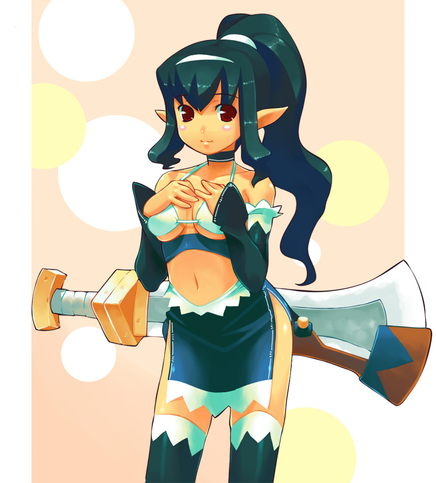 bikini bikini_top_only choker fantasy green_hair long_hair pointy_ears ponytail red_eyes ryuuta smile swimsuit sword thighhighs ryuuta_(msxtr) weapon