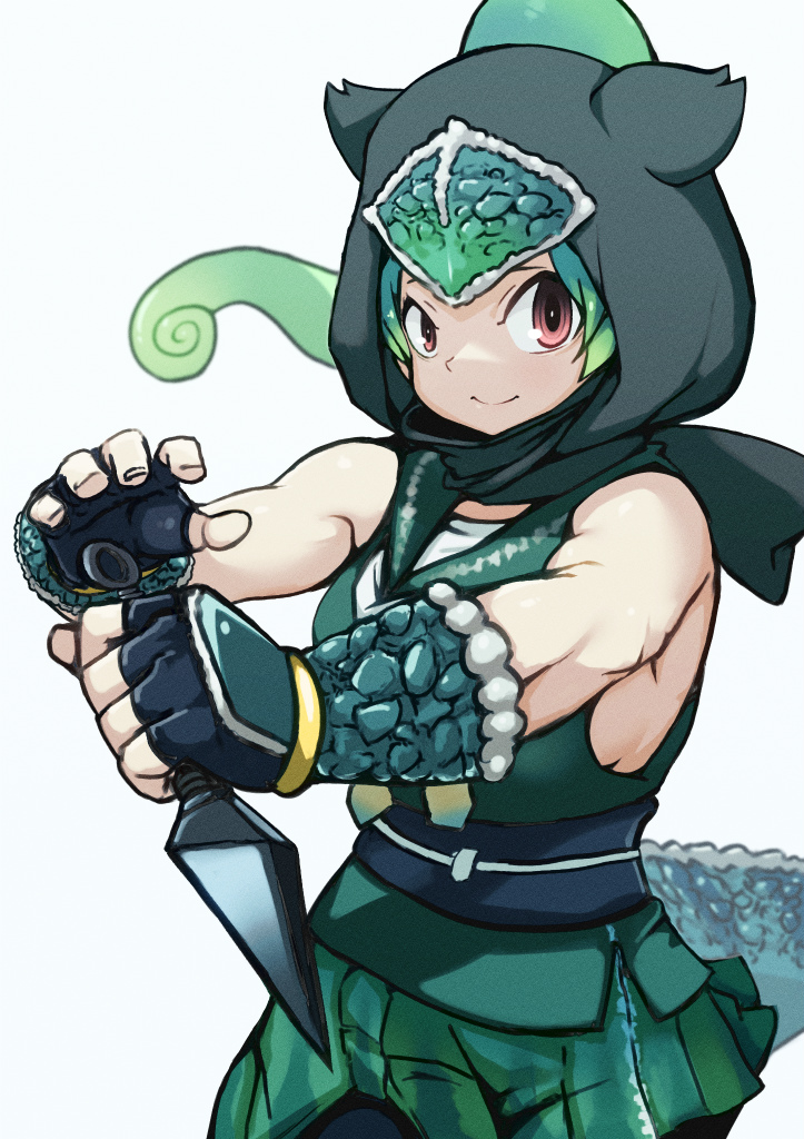 1girl bare_shoulders bike_shorts bike_shorts_under_skirt black_gloves bracer breasts chameleon_tail cowboy_shot detached_hood fighting_stance fingerless_gloves fingernails forehead_protector gloves green_shirt grey_hair hair_through_headwear hands_up hatch_(hatch_box) high_ponytail holding holding_weapon hood hood_up kemono_friends kunai light_green_hair long_hair medium_breasts miniskirt multicolored_hair ninja outstretched_arms panther_chameleon_(kemono_friends) pleated_skirt ponytail red_eyes ringed_eyes sailor_collar shirt sideboob simple_background skirt sleeveless sleeveless_shirt smile solo tail two-tone_hair weapon white_background