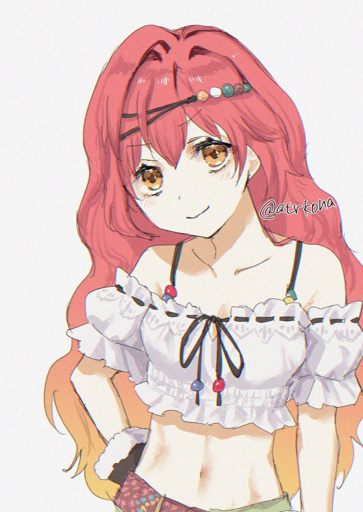 1girl artist_name atelier_(series) atelier_ayesha closed_mouth collarbone commentary_request cropped_shirt frilled_shirt frills gradient_hair hand_on_own_hip kona_(atrkona) long_hair looking_at_viewer midriff multicolored_hair navel off-shoulder_shirt off_shoulder orange_hair red_hair regina_kurtis shirt short_sleeves simple_background smile solo twitter_username two-tone_hair white_background white_shirt yellow_eyes