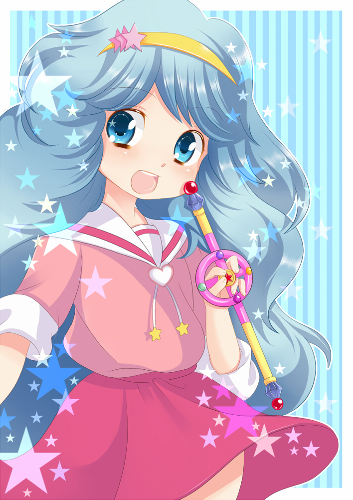 1girl blue_eyes blue_hair blush border hairband heart holding holding_wand long_hair magical_girl mahou_no_yousei_persia neko_(natsuiroclassic) open_mouth persia_(mahou_no_yousei_persia) skirt sleeves_rolled_up smile solo striped_background wand white_border