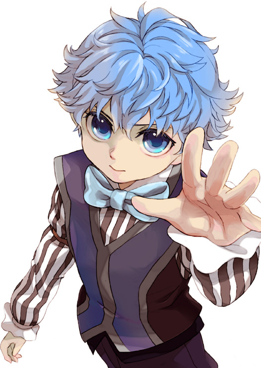 1boy black_pants black_vest blue_bow blue_bowtie blue_eyes blue_hair bow bowtie closed_mouth eyelashes fate/extra fate/extra_ccc fate_(series) hair_between_eyes hans_christian_andersen_(fate) hijirino_yuuta long_sleeves looking_at_viewer male_focus pants shirt short_hair simple_background smile solo striped_clothes striped_shirt upper_body vertical-striped_clothes vertical-striped_shirt vest white_background