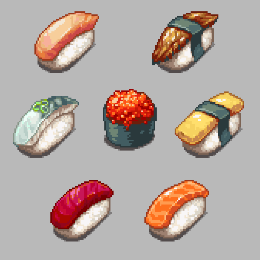 fish_(food) food food_focus grey_background gunkanmaki ikura_(food) nigirizushi no_humans nori_(seaweed) original pixel_art pixelgroover simple_background sushi