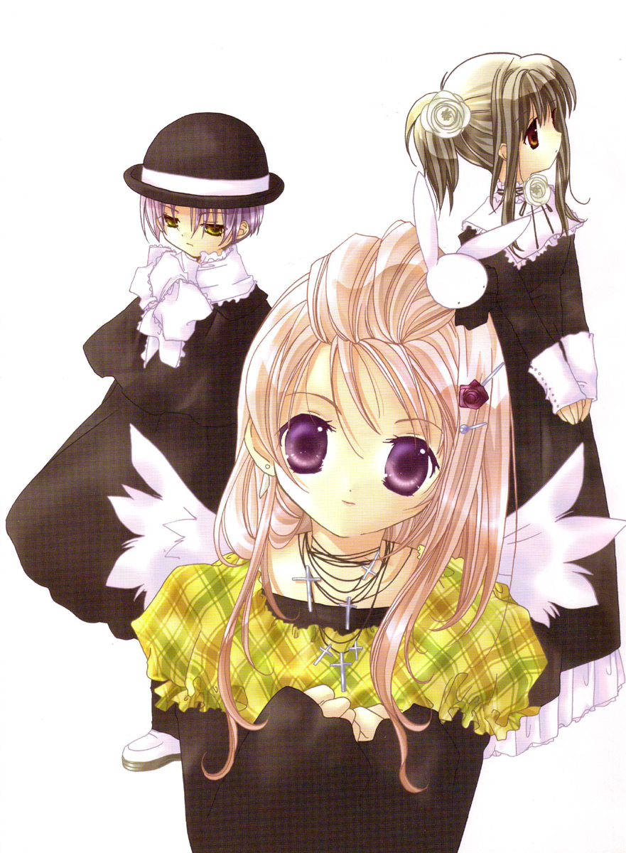 1boy 2girls angel cross cross_necklace dress earrings flower green_eyes hair_flower hair_ornament hairclip hat highres higuchi_kotarou jewelry koge_donbo latin_cross misha misha_(pita_ten) multiple_girls necklace official_art pink_hair pita_ten purple_eyes purple_hair rabbit_hair_ornament scan shia shia_(pita_ten) simple_background v_arms white_background white_wings wings