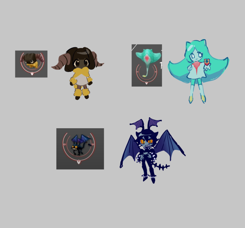 3girls bat_wings black_eyes brown_hair cat cat_girl chibi closed_mouth colored_skin feather_ray_(final_fantasy) final_fantasy final_fantasy_xiv gimme_cat grey_background grey_skin grin head_wings horns looking_at_viewer manta_ray multiple_girls personification sheep_girl simple_background slit_pupils smile wings yan_(final_fantasy) yellow_eyes