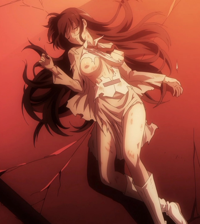 1girl anime_screenshot black_hair boots breasts bruise closed_eyes grey_jacket grey_skirt injury jacket kenzen_robo_daimidaler large_breasts long_hair long_sleeves lying nipples parted_lips shirt skirt sonan_kyouko teeth torn_clothes torn_shirt torn_skirt unconscious white_footwear white_shirt