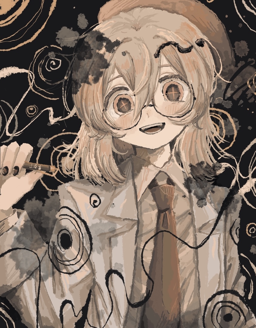 +_+ 1girl 1other :d androgynous beret black-framed_eyewear black_background black_nails brown_eyes brown_hat brown_necktie collared_shirt double-parted_bangs flat_chest grey_hair hair_between_eyes hand_up hat holding holding_pencil jacket lab_coat light_blush limited_palette looking_at_viewer medium_hair muted_color nail_polish necktie no_lineart open_clothes open_jacket open_mouth original other_focus patterned_background pencil ripples round_eyewear semi-rimless_eyewear shirt smile smoke solo teeth under-rim_eyewear upper_body wasabi_natsume white_jacket white_shirt wing_collar