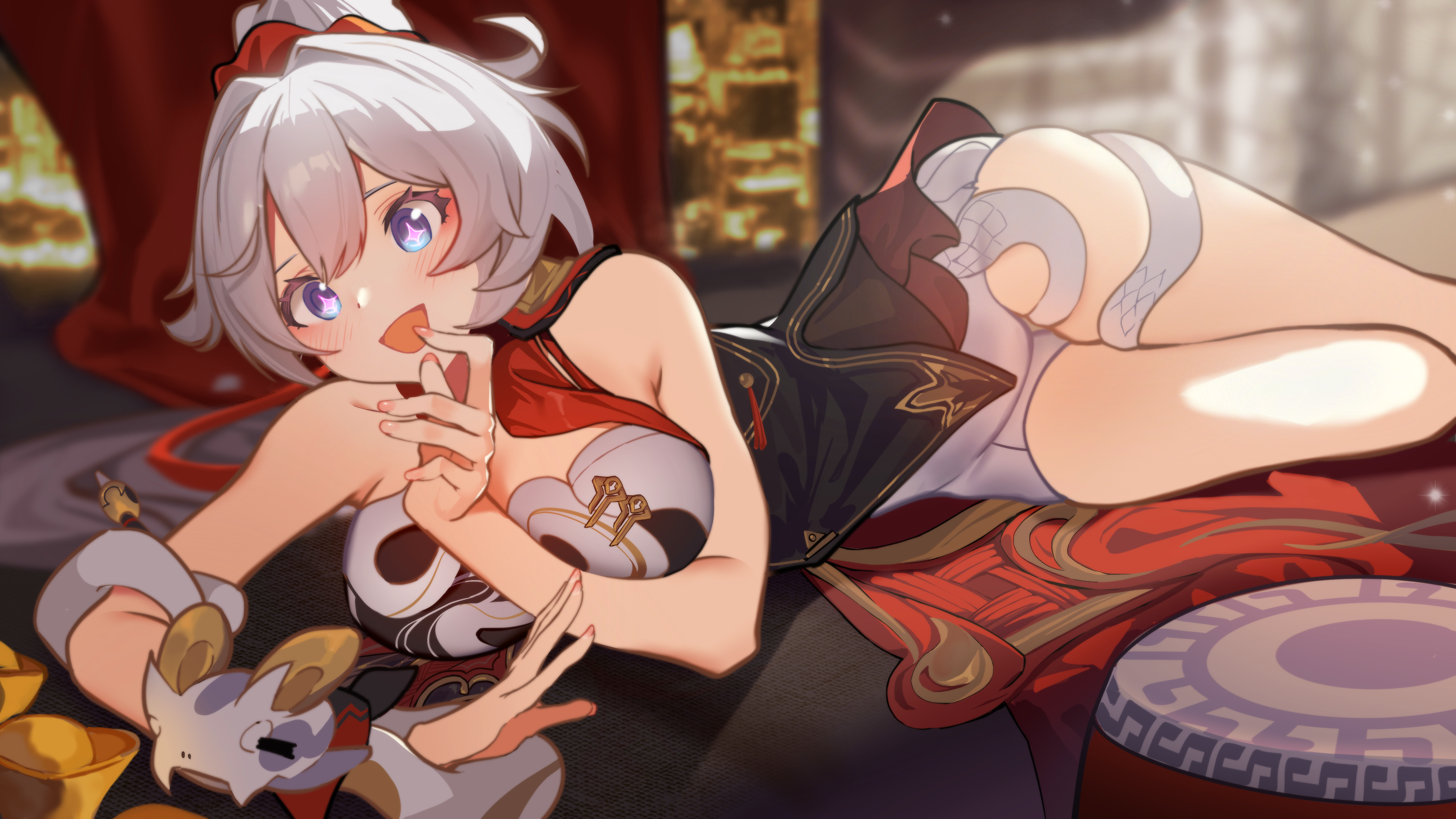 1girl absurdres blue_eyes breasts commentary dress highres honkai_(series) honkai_impact_3rd kiana_kaslana kiana_kaslana_(ba-dum!_fiery_wishing_star) large_breasts long_hair lying on_side open_mouth rice_cake_(honkai_impact) snake snake_print snake_wrapped_around_arm solo spectacled_snake star-shaped_pupils star_(symbol) symbol-shaped_pupils thighs white_dress white_hair