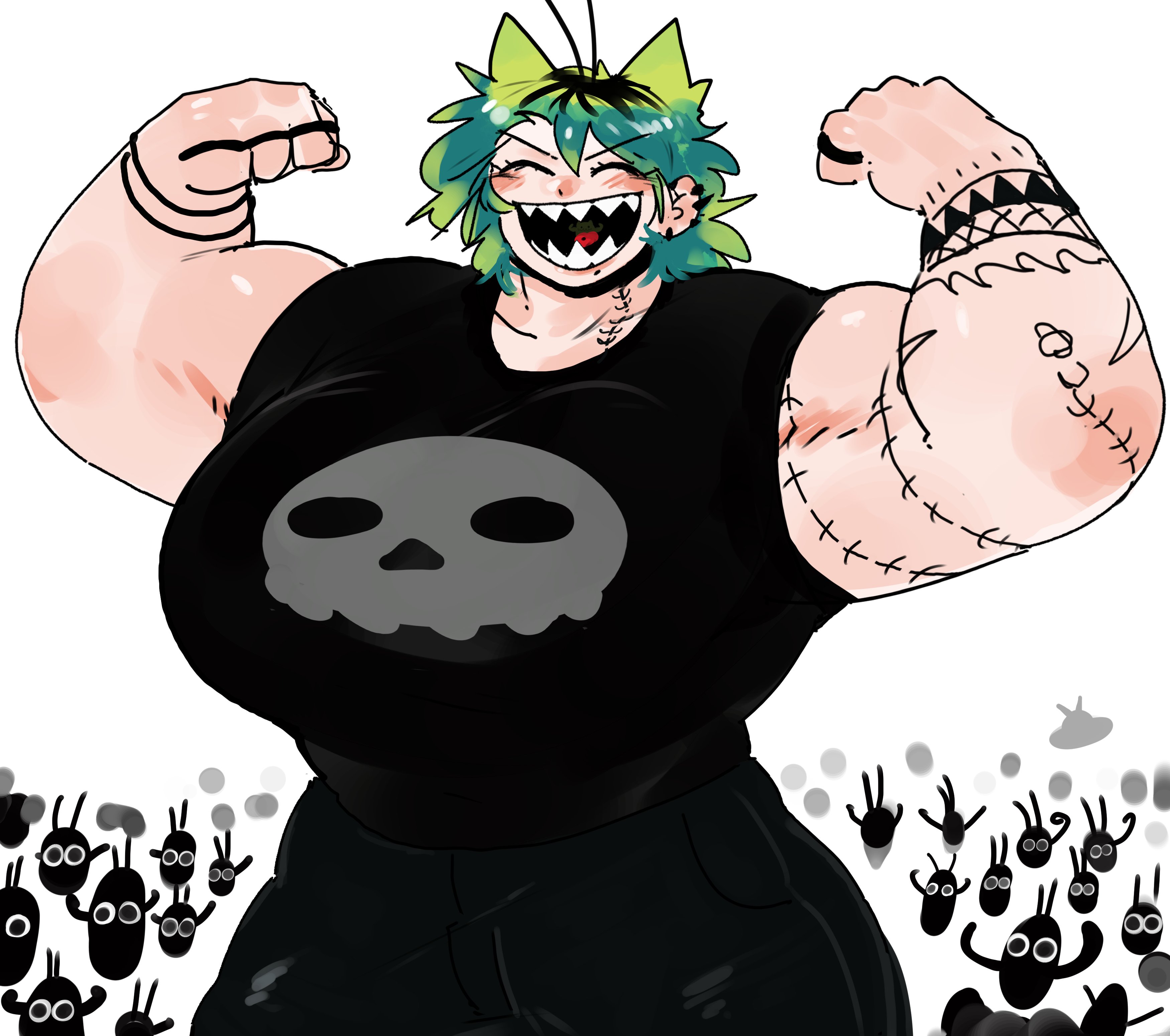 1girl absurdres antennae arm_tattoo black_hair black_pants black_shirt breasts destorys double_biceps_pose ear_piercing earrings flexing green_hair highres huge_breasts jewelry medium_hair multicolored_hair muscular muscular_female open_mouth original pants piercing roots_(hair) sharp_teeth shirt smile solo tattoo teeth two-tone_hair