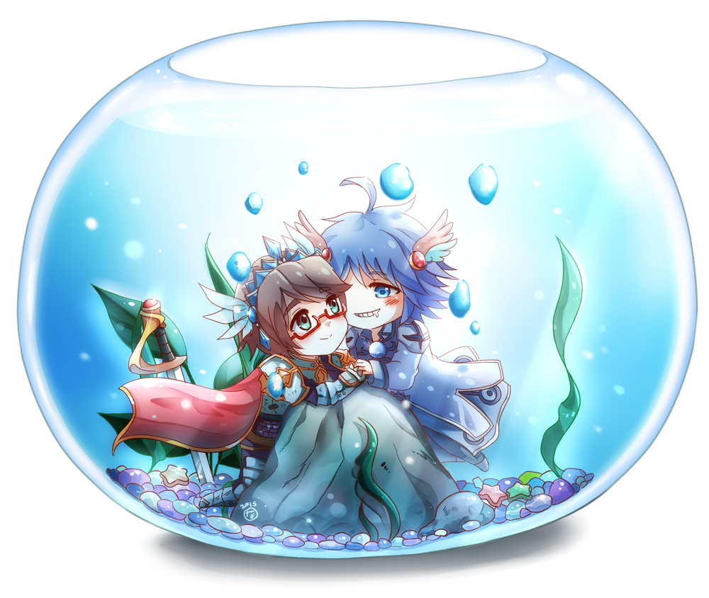 2boys ahoge armor blue_eyes blue_hair blue_hairband blush breastplate brown_hair cape chibi closed_mouth coat commentary commission cross english_commentary fishbowl full_body glasses green_eyes grin hairband high_priest_(ragnarok_online) himitsu_(dark_nao) kelp lord_knight_(ragnarok_online) male_focus multiple_boys pauldrons ragnarok_online red-framed_eyewear red_cape rock short_hair shoulder_armor sitting smile sword water weapon white_coat