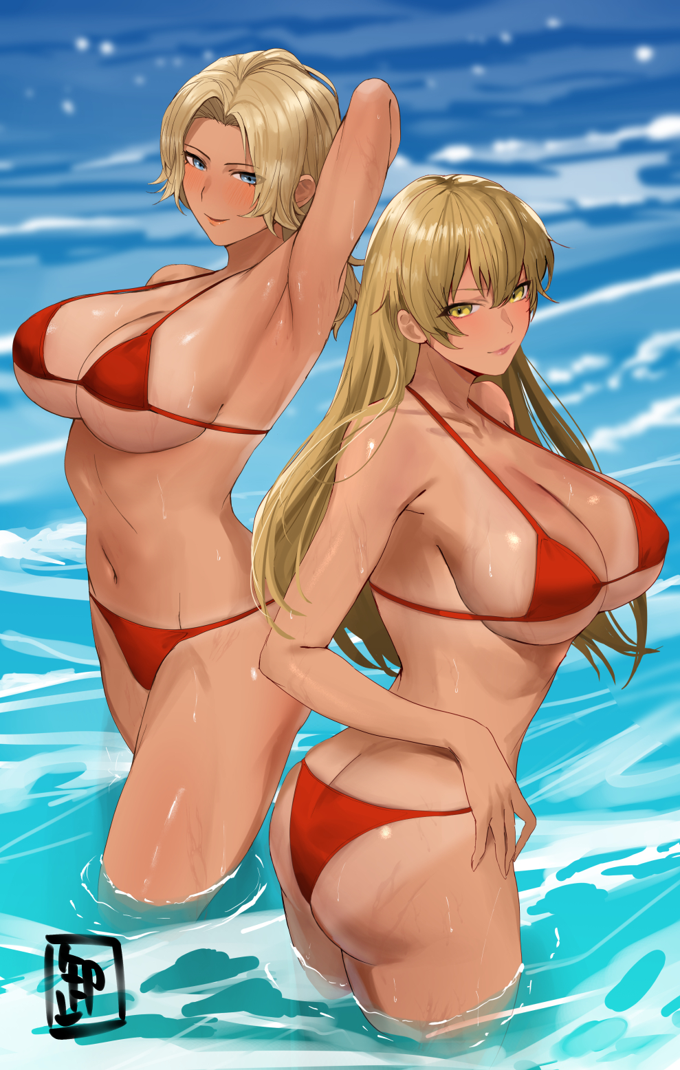 2girls alternate_costume areola_slip arm_behind_head armpits ass bikini blonde_hair blue_eyes breasts butt_crack catherine_(fire_emblem) cleavage commission dark-skinned_female dark_skin female_focus fire_emblem fire_emblem:_the_binding_blade fire_emblem:_three_houses highres igrene_(fire_emblem) in-franchise_crossover large_breasts long_hair matching_hair/eyes mature_female multiple_girls navel nintendo oyatsu_0 ponytail red_bikini sideboob skeb_commission smile swimsuit trait_connection underboob wading yellow_eyes