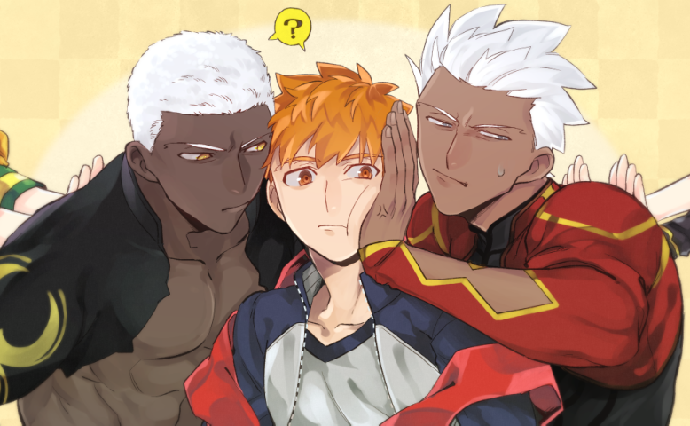 3boys ? archer_(fate) collarbone dark-skinned_male dark_skin emiya_alter fate/grand_order fate_(series) jacket kiyoshita long_sleeves male_focus multiple_boys multiple_persona orange_eyes orange_hair pectorals pushing_away pushing_face short_hair spoken_question_mark very_dark_skin white_hair yellow_eyes