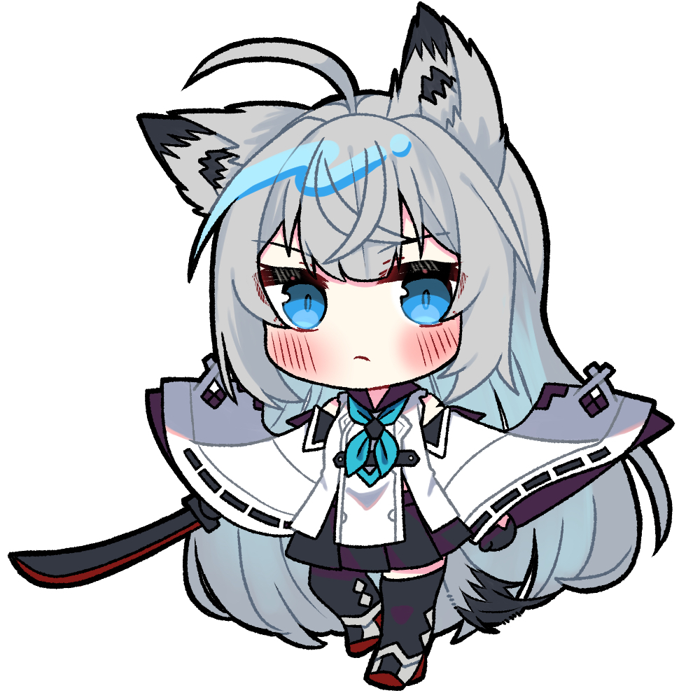 1girl ahoge amaya2002714 animal_ear_fluff animal_ears azur_lane black_sailor_collar black_skirt black_thighhighs blue_eyes blue_neckerchief blush commentary_request crossed_bangs deformed detached_sleeves fox_ears fox_girl fox_tail full_body gloves grey_hair half_gloves katana kawakaze_(azur_lane) light_frown long_hair looking_at_viewer neckerchief no_nose pleated_skirt red_footwear ribbon-trimmed_clothes ribbon-trimmed_sleeves ribbon_trim sailor_collar shirt sidelocks simple_background skirt solo sword tail thighhighs very_long_hair weapon white_shirt wide_sleeves