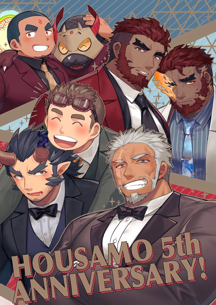6+boys :d ^_^ amatsumara_(housamo) anniversary bara beard black_eyes black_necktie black_suit blue_hair blue_necktie blush bow bowtie broken_horn buzz_cut closed_eyes creature dark-skinned_male dark_blue_hair dark_skin demon_boy demon_horns eyebrow_cut facial_hair fiery_horns flaming_eye formal_clothes geometric_pattern goatee goggles goggles_on_head green_suit halo hephaestus_(housamo) heterochromia horns hozu_(hozumi) kajiya_kurogane large_pectorals long_sideburns male_focus mature_male multiple_boys muscular muscular_male necktie official_alternate_costume old old_man open_mouth pectorals red_eyes red_hair red_suit scar scar_across_eye scar_on_face short_hair sideburns smile stubble suit sweatdrop takemaru_(housamo) talos_(housamo) thick_eyebrows tie_clip tokyo_houkago_summoners traditional_bowtie tusks tvastar_(housamo) upper_body very_short_hair vritra_(housamo) white_suit yellow_necktie