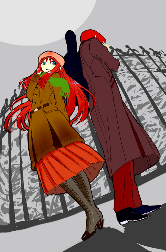 00s 1boy 1girl blue_eyes crossover guitar_case hairband instrument_case jacket leather leather_jacket long_hair long_skirt pants red_eyes red_hair red_pants red_skirt short_hair simple_background skirt smile tarakoutibiru the_king_of_fighters tohno_akiha toono_akiha trait_connection tsukihime vermillion_akiha very_long_hair yagami_iori