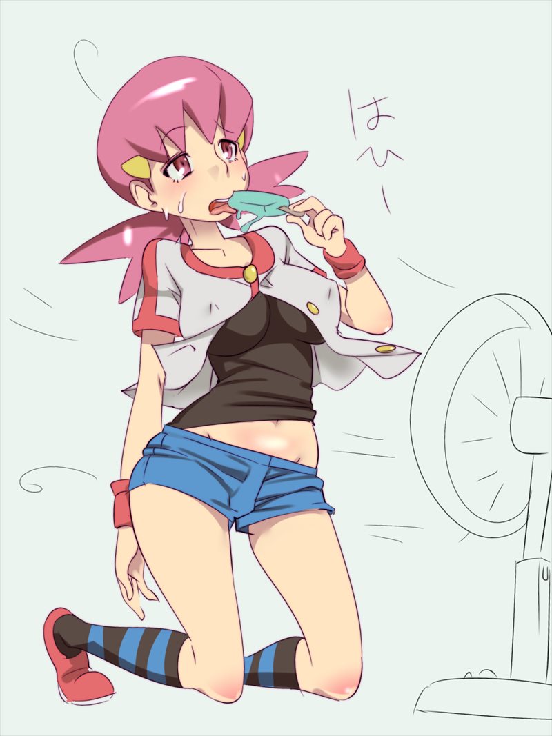 1girl bad_id bad_pixiv_id breasts denim denim_shorts eating female_focus food gym_leader hair_ornament large_breasts licking midriff navel nintendo open_clothes open_mouth pink_eyes pink_hair pokemon pokemon_hgss popsicle short_shorts short_sleeves shorts solo sweat tongue tongue_out twintails whitney_(pokemon) zaitsu