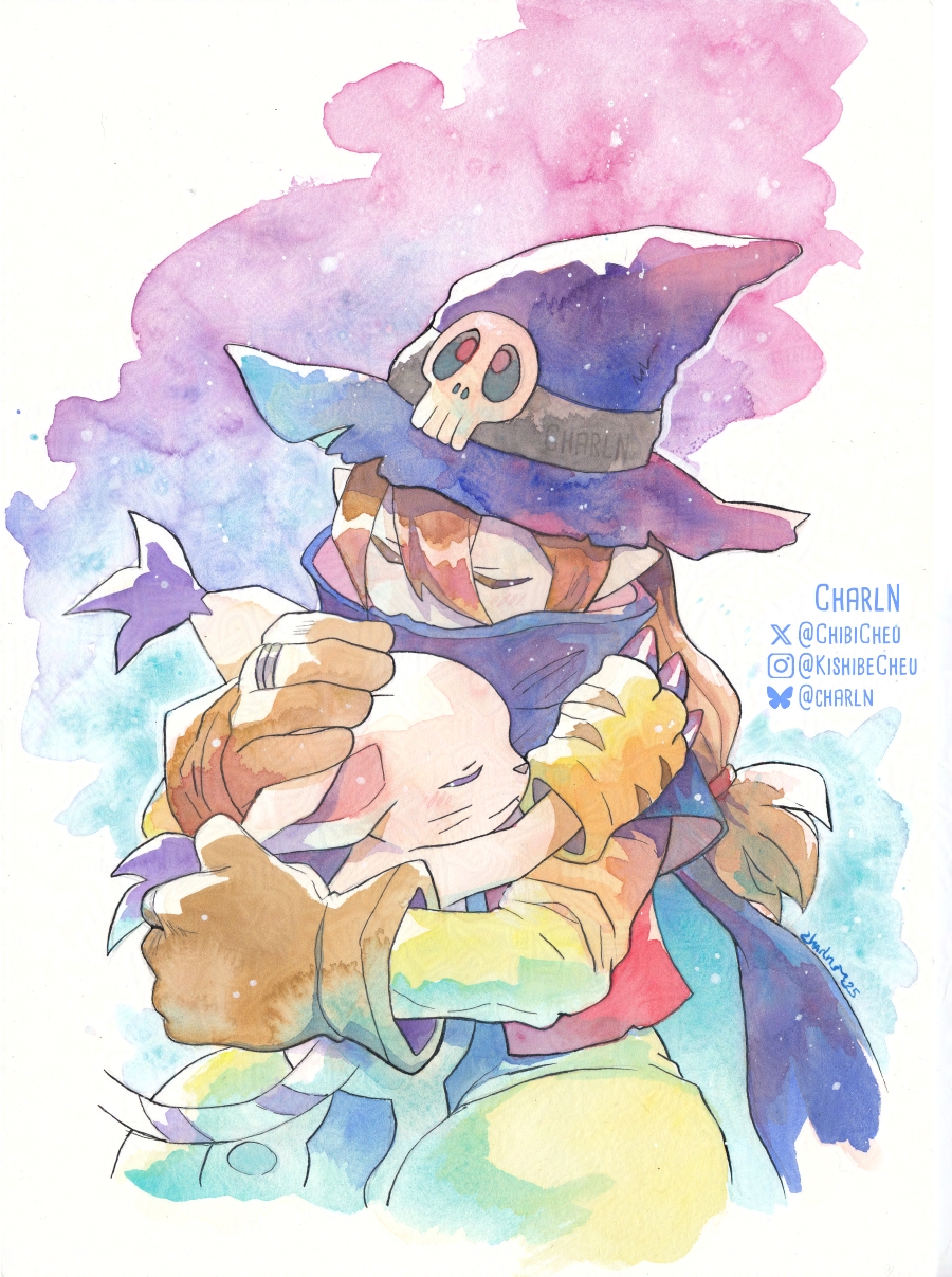 1boy blue_hat body_fur brown_hair cat chibicheu closed_eyes cowboy_shot digimon digimon_(creature) digimon_adventure hat highres hug long_hair pointy_ears tailmon twitter_username whiskers white_fur wizard wizarmon
