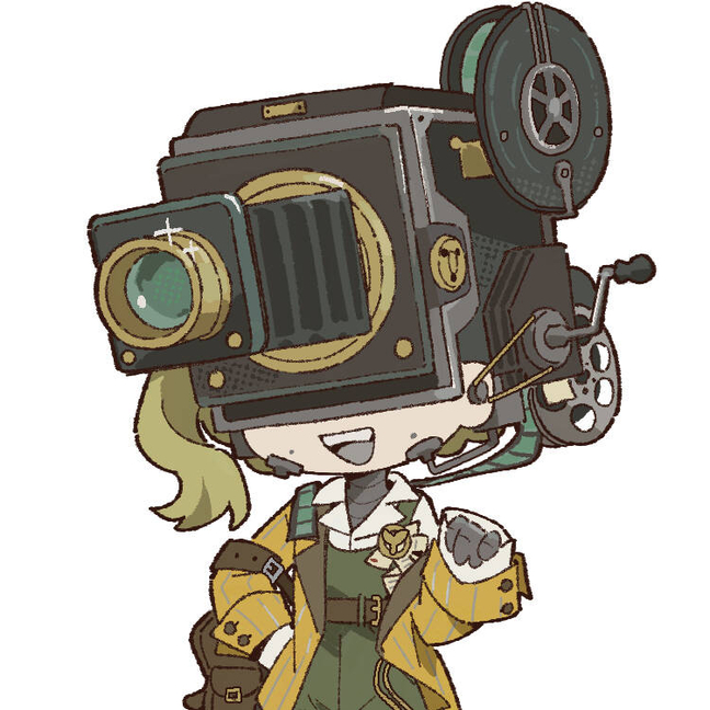 1girl bag blonde_hair brown_bag chibi coat green_overalls grey_tongue hand_up loggerhead_(reverse:1999) metal_skin movie_camera object_head official_art open_mouth overalls reverse:1999 shirt shoulder_bag side_ponytail solo teeth upper_body upper_teeth_only white_background white_shirt yellow_coat