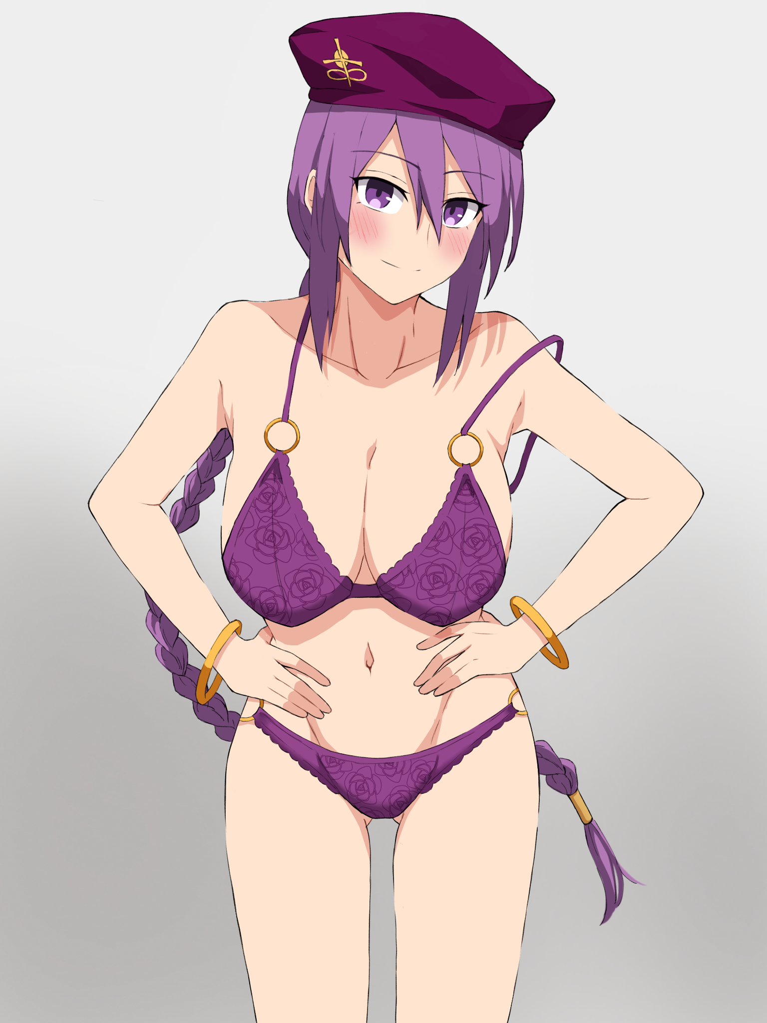 1girl beret blush bra braid braided_ponytail breasts cleavage hands_on_own_hips hat highres large_breasts legs long_hair looking_at_viewer navel panties purple_bra purple_eyes purple_hair purple_panties sideboob sion_eltnam_(type-moon) sion_eltnam_atlasia smile solo thighs tsukihime underwear