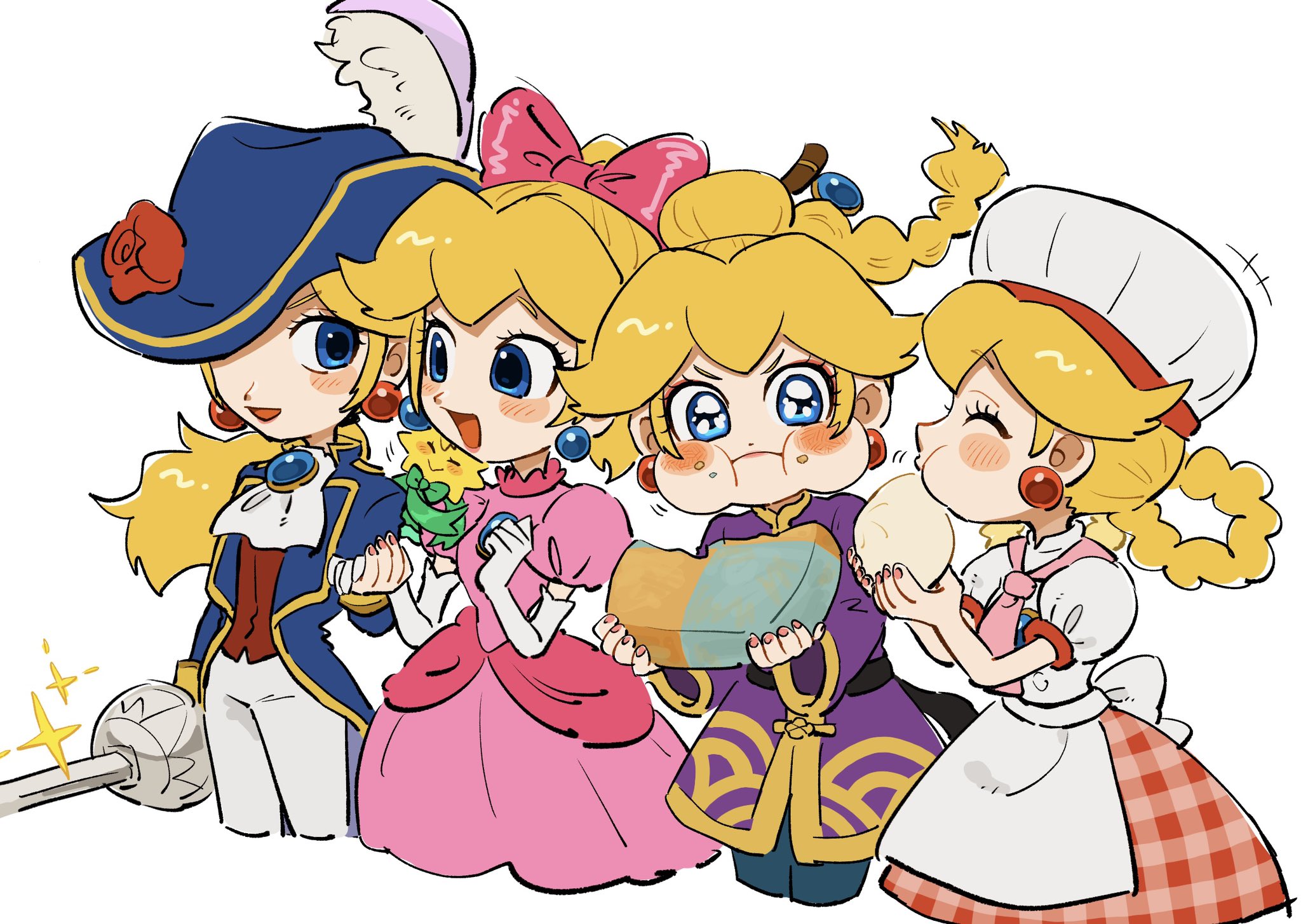 1other 4girls apron ascot blonde_hair blue_eyes blue_headwear blue_jacket blush bow braid brooch chef_hat chibi chinese_clothes dress earrings elbow_gloves feathers flower food gloves hair_bow hat hat_feather hat_flower highres holding holding_food holding_sword holding_weapon jacket jewelry kung_fu_peach mario_(series) mimimi_(mimimim9999) multiple_girls nintendo official_alternate_costume official_alternate_hairstyle open_mouth pants patissiere_peach pink_bow pink_dress ponytail princess_peach princess_peach:_showtime! puffy_short_sleeves puffy_sleeves rapier red_flower red_rose red_vest rose short_sleeves simple_background sphere_earrings stella_(peach) sword swordfighter_peach vest weapon white_apron white_ascot white_background white_feathers white_gloves white_pants