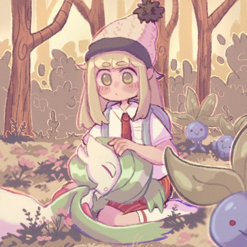 1boy blonde_hair blue_skin bob_cut colored_skin forest game_freak gardevoir gen_1_pokemon gen_3_pokemon grass green_eyes green_hair green_skin hat lap_pillow long_hair mudbite multicolored_skin nature nintendo oddish on_grass pokemon pokemon_(creature) pokemon_sv sleeping smile tree two-tone_skin white_skin