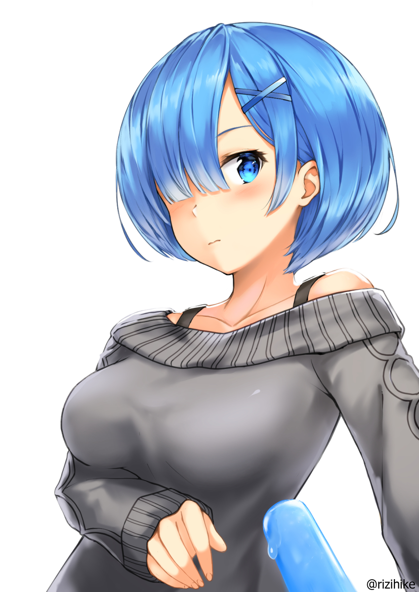 1girl aran_sweater black_bra blue_eyes blue_hair blush bra bra_strap breasts cable_knit collarbone commentary english_commentary female_focus food grey_sweater hair_ornament hair_over_one_eye highres large_breasts off-shoulder_sweater off_shoulder popsicle re:zero_kara_hajimeru_isekai_seikatsu rem_(re:zero) rizihike short_hair solo sweater underwear white_background x_hair_ornament