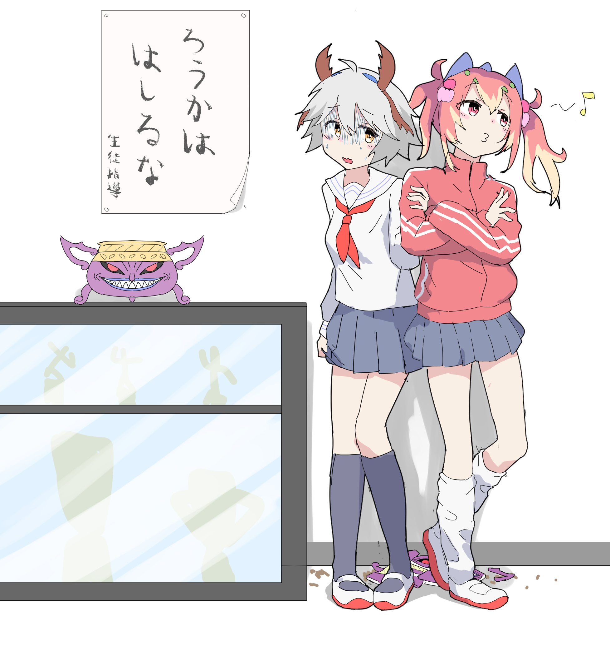 2girls anti-spell_fragrance broken_vase casual duel_monster full_body highres multiple_girls nervous pink_hair red_eyes school_uniform shelf standing thighhighs tomiyama_mishiro translated traptrix_mantis traptrix_myrmeleo twintails vase white_hair yellow_eyes yu-gi-oh! yu-gi-oh!_master_duel zettai_ryouiki