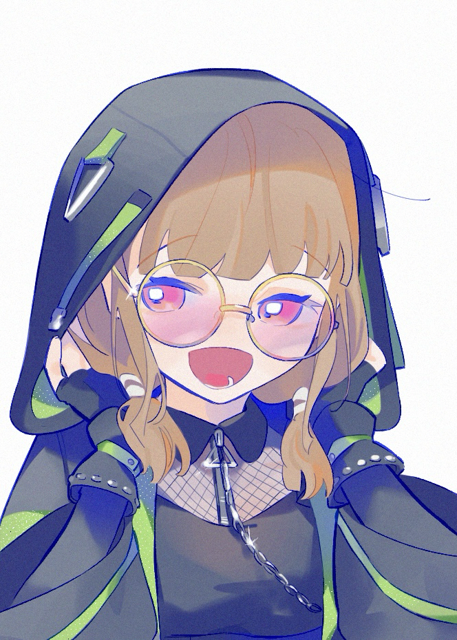 1girl :d i_my_mayday black_gloves black_raincoat black_shirt blunt_bangs brown_hair chain collared_shirt commentary fingerless_gloves fishnet_top fishnets glasses gloves hood hood_up kachimachi_kosuzu link!_like!_love_live! long_sleeves love_live! low_twintails medium_hair official_alternate_costume open_clothes open_mouth pink_eyes pipi_(m1x_mix) raincoat round_eyewear shirt short_twintails sidelocks simple_background smile solo symbol-only_commentary twintails upper_body virtual_youtuber white_background yellow-framed_eyewear