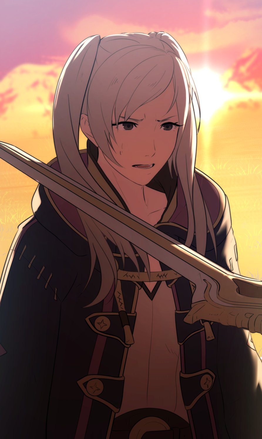 1girl black_robe brown_eyes collarbone commentary english_commentary falchion_(fire_emblem) fire_emblem fire_emblem_awakening gradient_sky highres hooded_robe long_hair nintendo open_clothes open_robe orange_sky outdoors parted_lips purple_sky robe robin_(female)_(fire_emblem) robin_(fire_emblem) shirt sky solo sunset swept_bangs twintails vibratix white_hair white_shirt