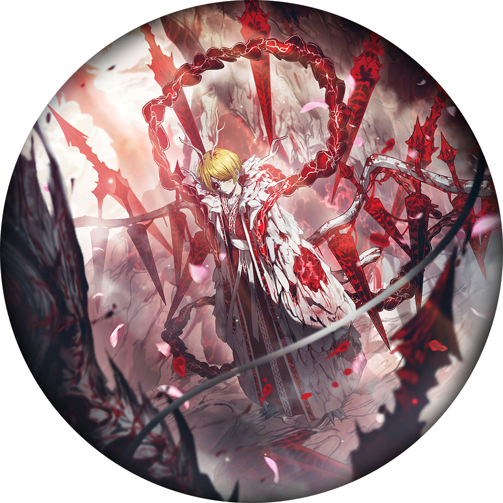 1boy animal_feet blonde_hair chinese_clothes e.g.o_(project_moon) eastern_dragon_horns game_cg hanfu limbus_company looking_at_viewer male_focus nai_ga official_art project_moon red_hanfu robe short_hair sinclair_(project_moon) solo standing tears_of_the_tarnished_blood_(e.g.o) white_robe yellow_eyes zhijupao