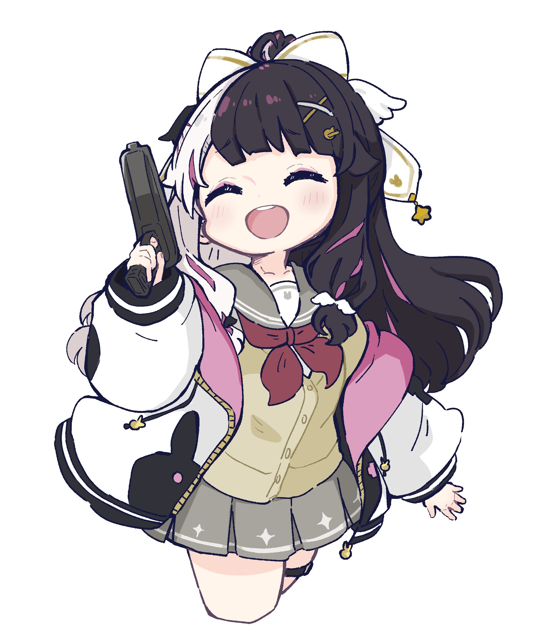 1girl :d ^_^ black_hair blush brown_cardigan cardigan chibi closed_eyes commentary cropped_legs facing_viewer grey_hair grey_sailor_collar grey_skirt gun hair_ornament hairclip handgun highres holding holding_gun holding_weapon hood hood_down hooded_jacket jacket long_hair long_sleeves multicolored_hair neckerchief nijisanji nozo_(hitomiz) open_clothes open_jacket open_mouth pink_hair pleated_skirt ponytail puffy_long_sleeves puffy_sleeves red_neckerchief sailor_collar simple_background skirt smile solo star_(symbol) symbol-only_commentary teeth two-tone_hair upper_teeth_only very_long_hair virtual_youtuber weapon weapon_request white_background white_jacket x_hair_ornament yorumi_rena yorumi_rena_(9th_costume)