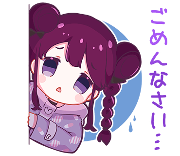 1girl blush bow braid candy_print chestnut_mouth chibi denonbu double_bun food_print hair_bow hair_bun hood hoodie inubousaki_shian long_hair long_sleeves looking_at_viewer lowres nonkomu_(furiten5553) official_art open_mouth outline peeking_out pill_print purple_eyes purple_hair purple_hoodie sidelocks solo translation_request transparent_background twin_braids upper_body white_outline