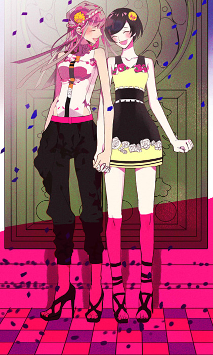 2girls bad_id bad_pixiv_id bare_shoulders blush brown_hair casual closed_eyes couple dress fashion flower hair_flower hair_ornament hand_in_pocket happy high_heels holding_hands interlocked_fingers long_hair megurine_luka meiko_(vocaloid) multiple_girls open_mouth open_shoes original pants petals pink_hair serori shoes short_hair sleeveless sleeveless_dress smile standing vocaloid yuri